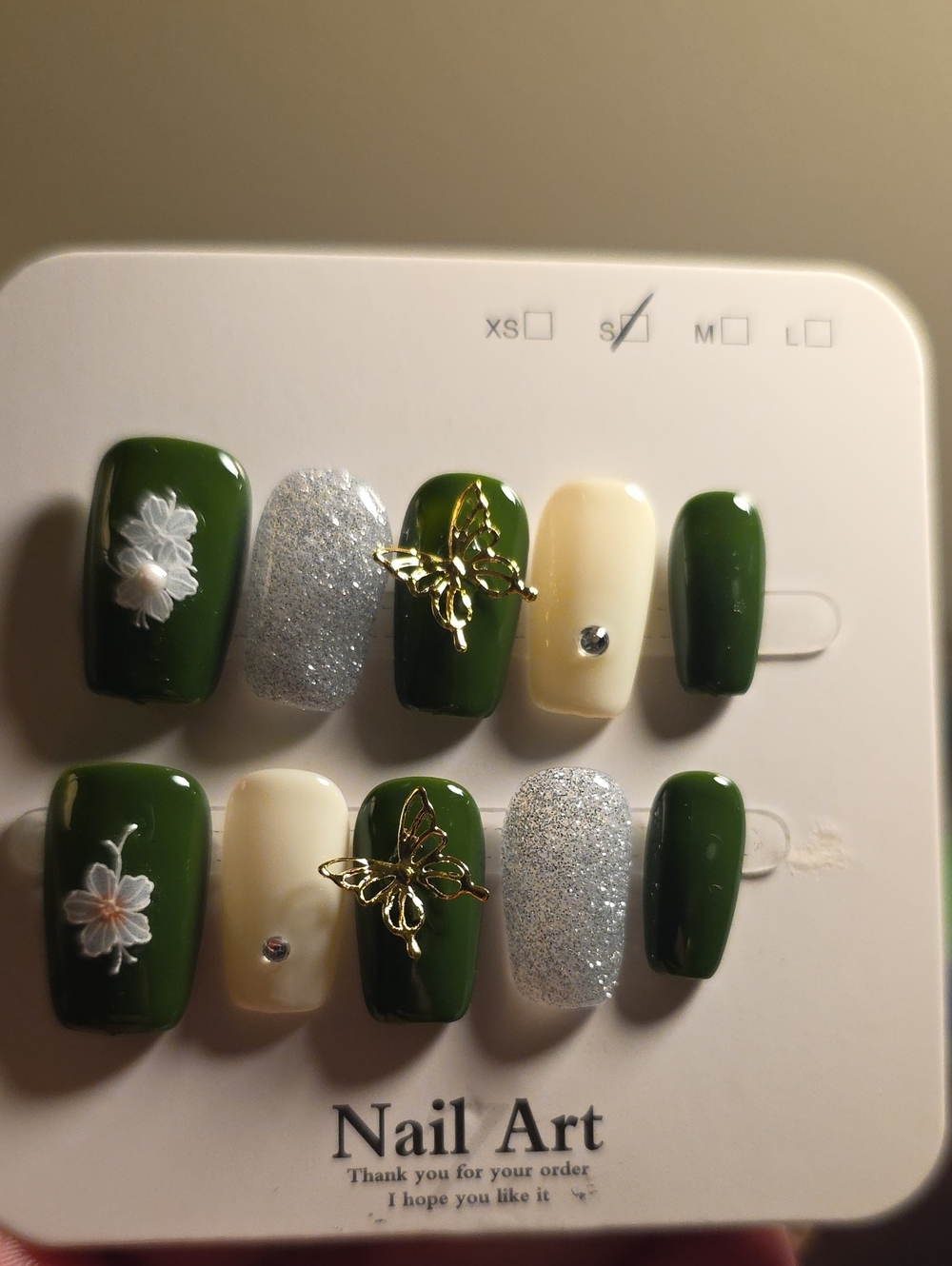 Emerald Green & Cream Butterfly Nail Set with Silver Glitter Accents Size Small